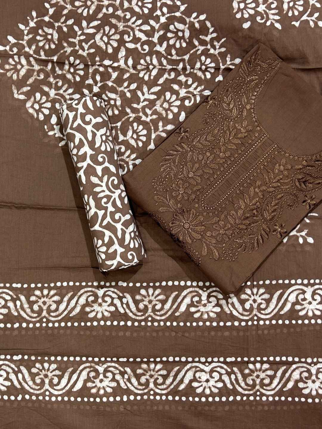 Bombay Batik Pure Cotton Dress Material Lucknowi Pattern Batik Printing – Lakda Brown Batik