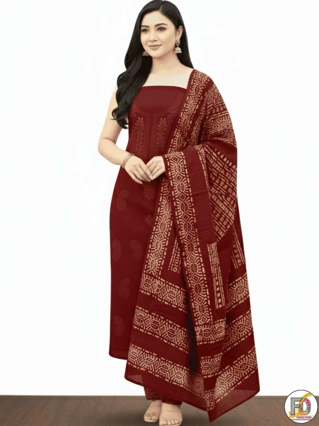 Bombay Batik Pure Cotton Dress Material Handblock Printed Lucknowi Batik – Red   Batik