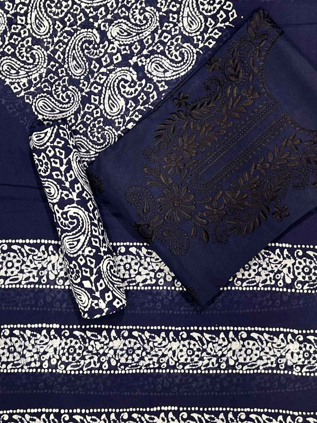 Bombay Batik Pure Cotton Dress Material Fusion Handblock Batik & Chikankari-Inspired Work – Navy Blue Batik