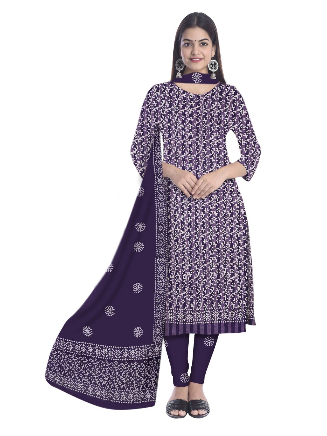 Purple Unstitched  Batik Print Cotton Dress Material With Dupatta