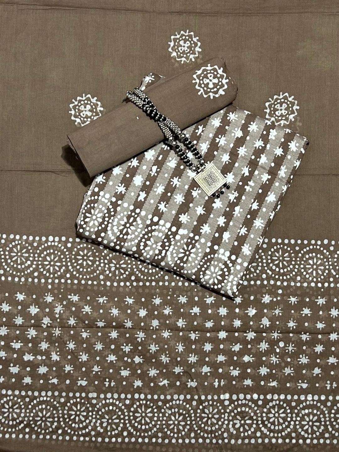 Bombay Batik Pure Cotton Dress Material Hand-Painted Batik Motifs – Lakda Brown Colour