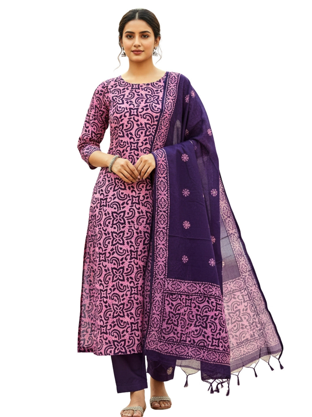 Bombay Batik Pure Cotton Nirali Dress Material Batik Handwork – Purple Light Pink Colour