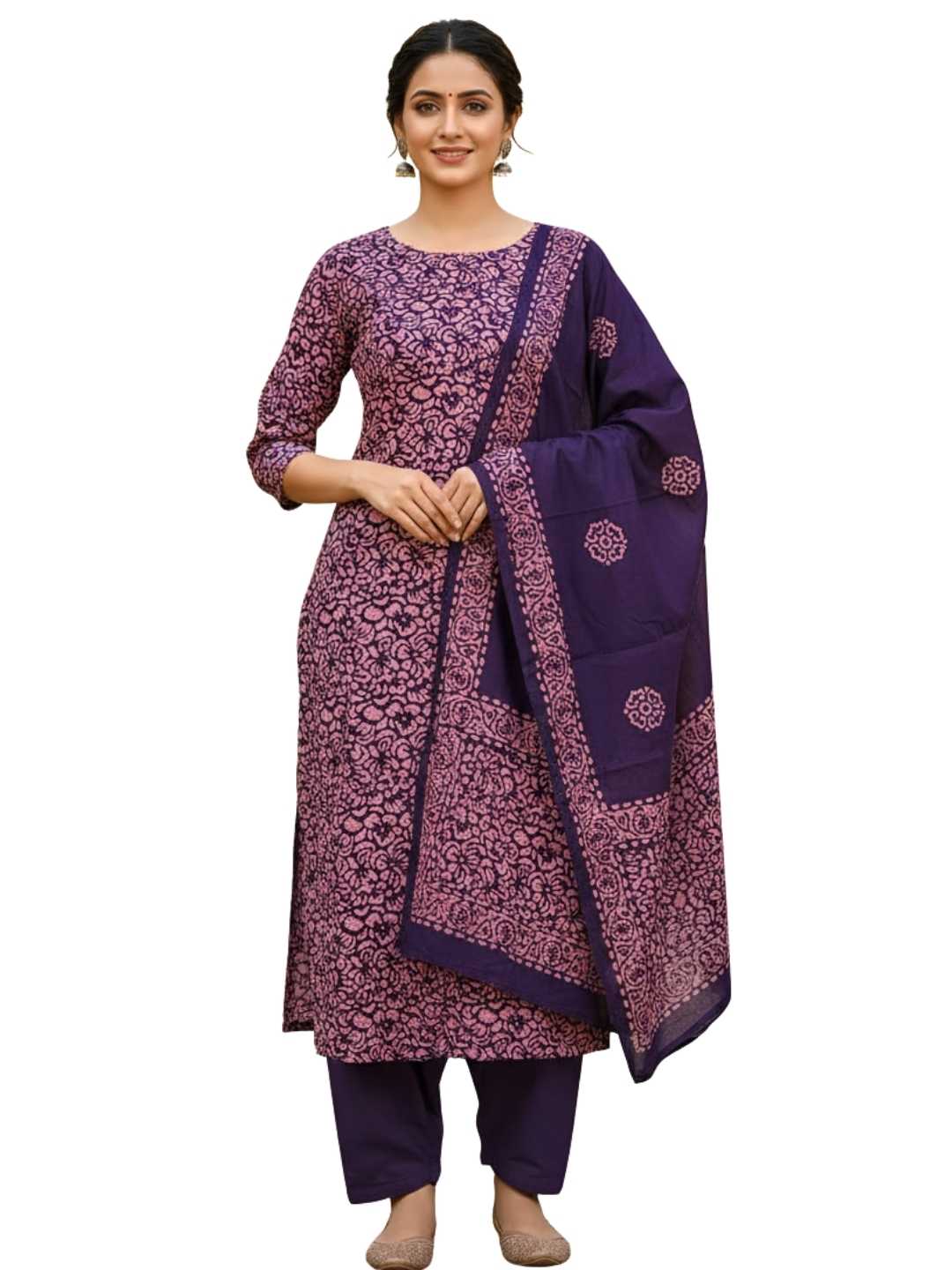 Bombay Batik Pure Cotton Nirali Dress Material Batik Handwork – Purple Light Pink Colour