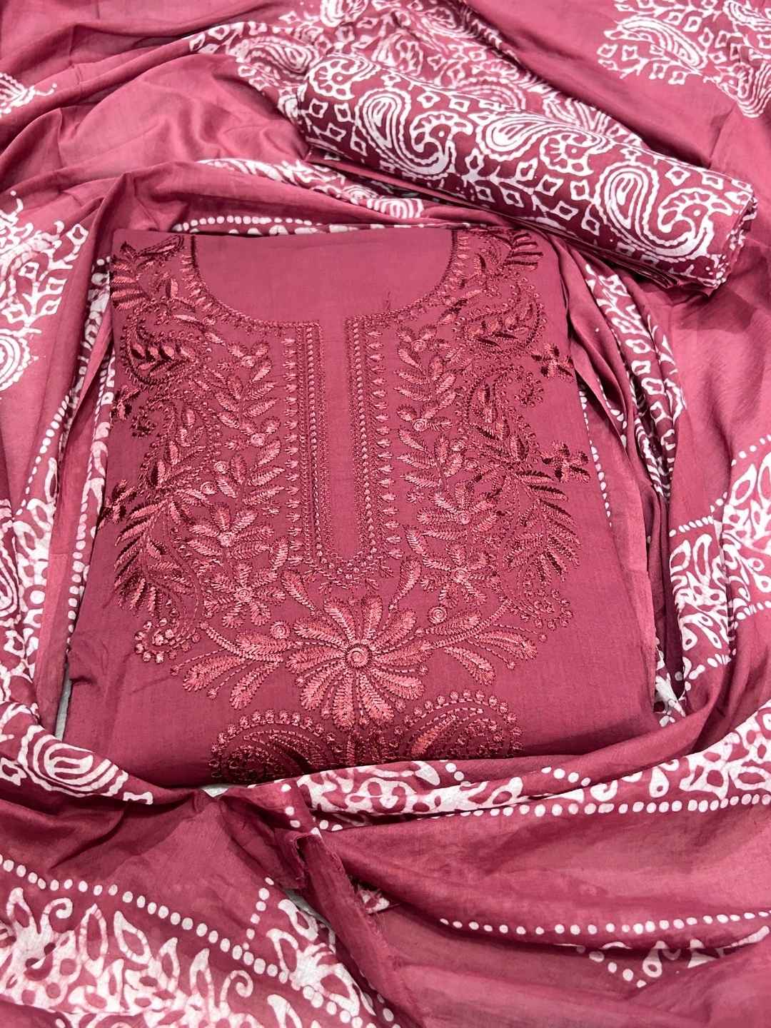 Bombay Batik Women's Pure Cotton Hand Dyed Lucknowi Batik Dress Material with Cotton Dupatta (Carrot) | Dress Material for Women