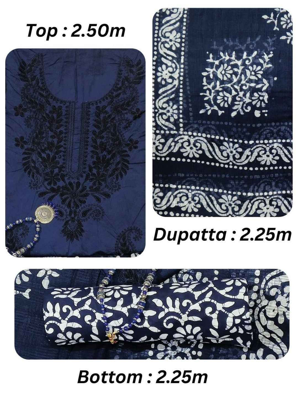 Bombay Batik Pure Cotton Dress Material Batik with Lucknowi-Inspired Embroidery Motifs – Navy Blue Batik