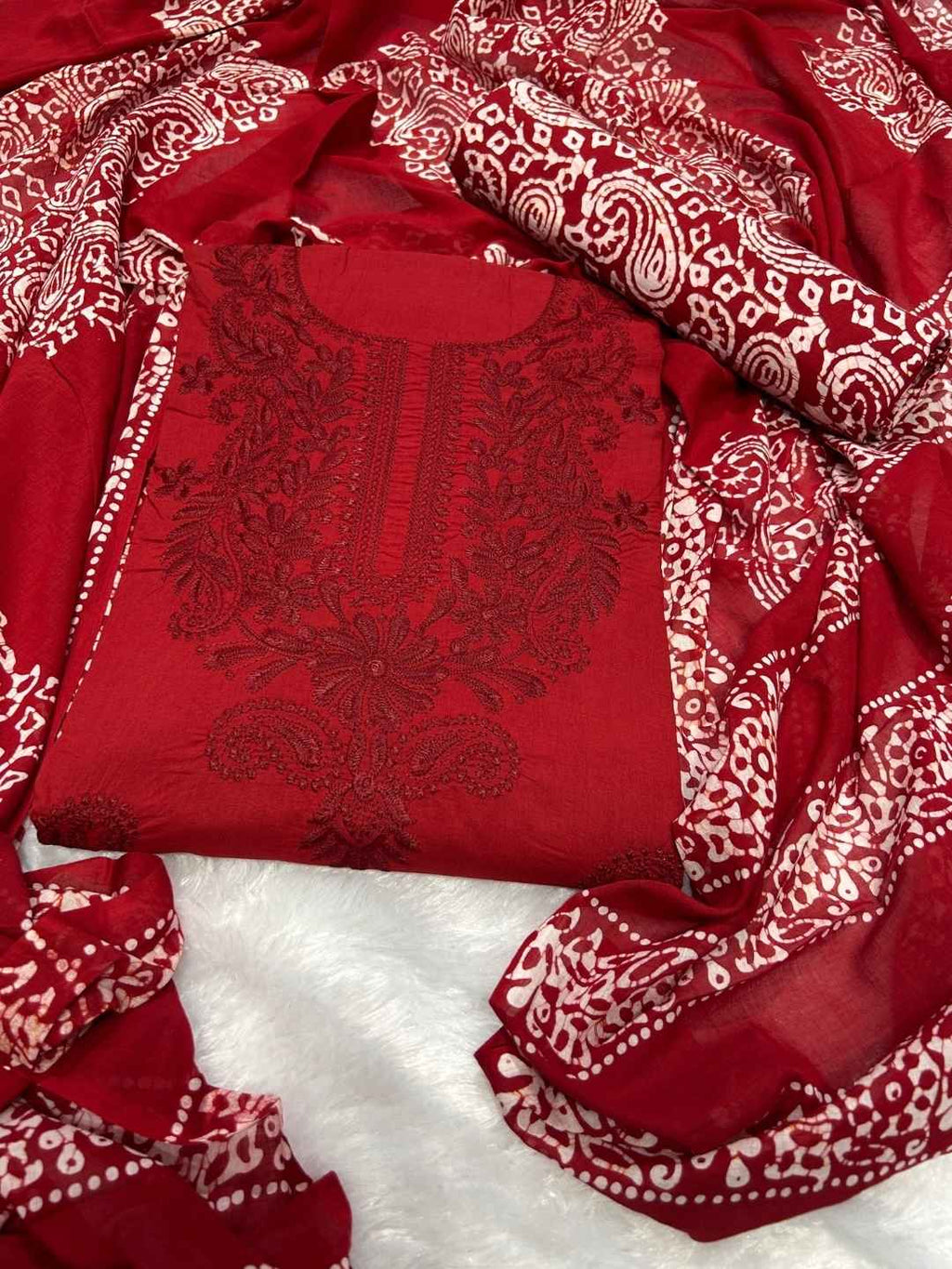 Bombay Batik Pure Cotton Dress Material Ethnic Batik Fabric with Lucknowi Touch – Red   Batik