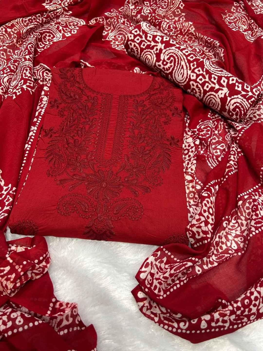 Bombay Batik Women's Pure Cotton Hand Dyed Lucknowi Batik Dress Material with Cotton Dupatta (Red) | Dress Material for Women