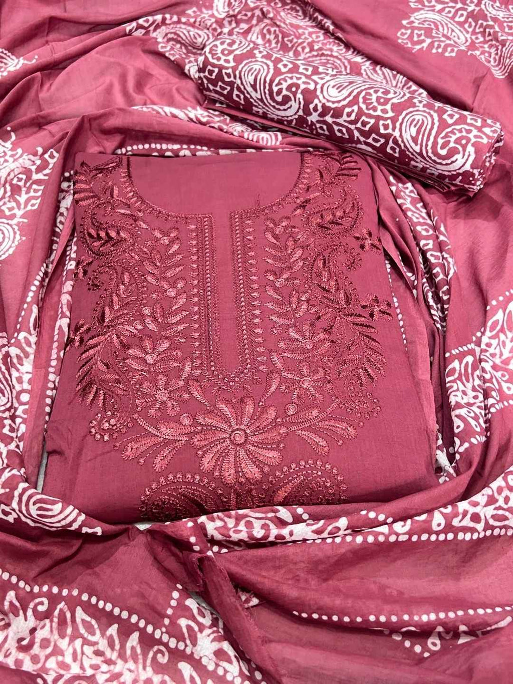 Bombay Batik Pure Cotton Dress Material Hand Batik Printing with Lucknowi Work – Carrot Batik