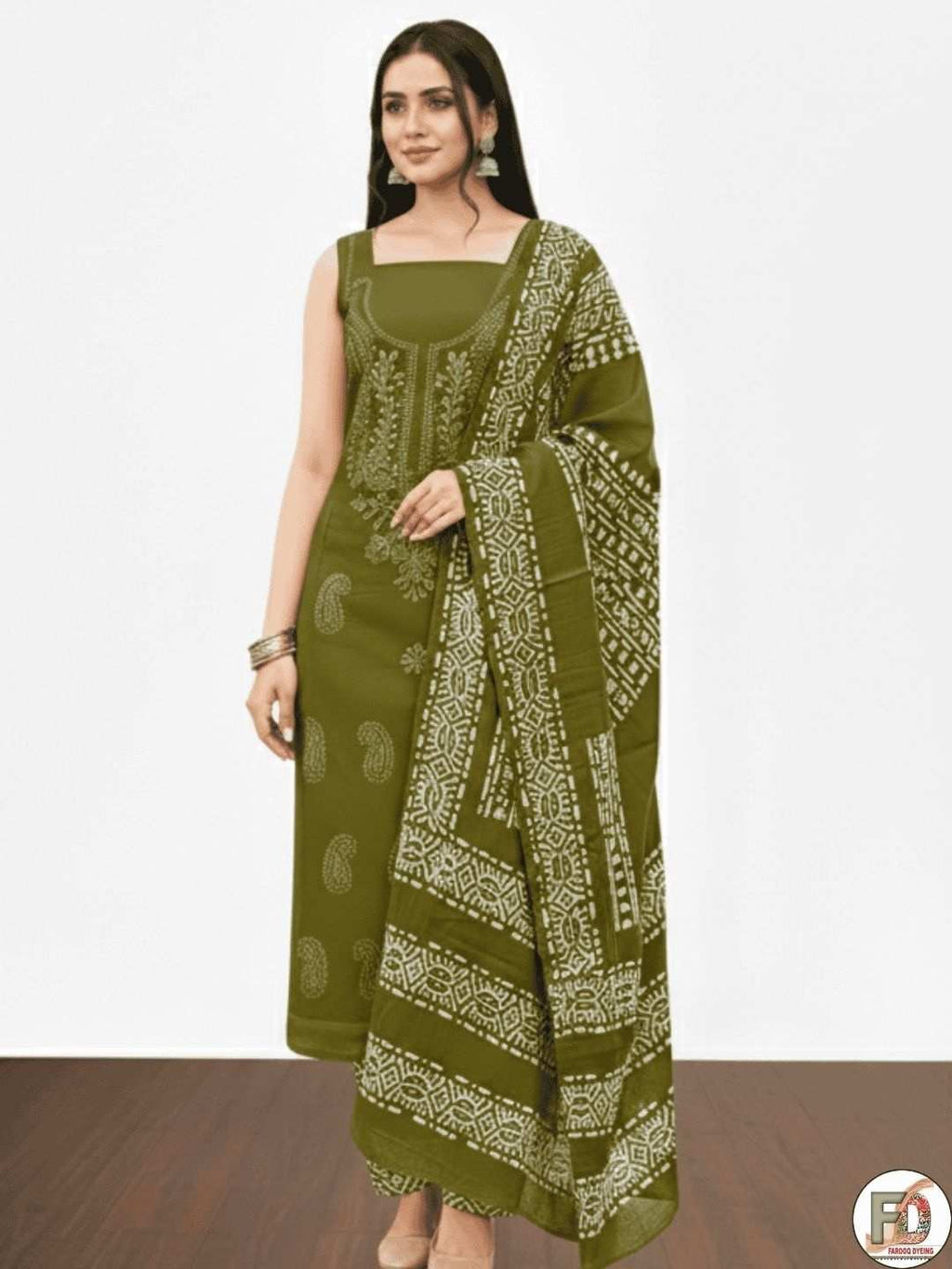 Bombay Batik Pure Cotton Dress Material Fusion Batik Printing with Lucknowi Work – Mehndi Batik