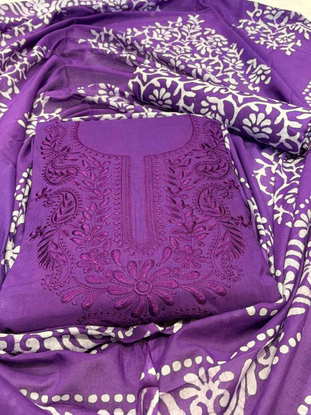 Bombay Batik Women's Pure Cotton Hand Dyed Lucknowi Batik Dress Material with Cotton Dupatta (Lavender ) | Dress Material for Women