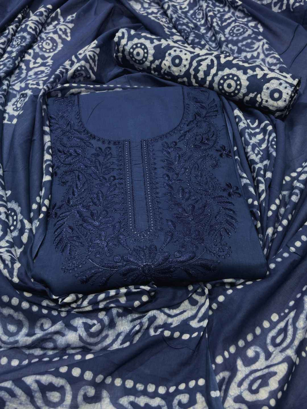 Bombay Batik Pure Cotton Lucknowi Dress Material Batik Handwork – Grey Colour (FD-DM-LK-GY-PHLPTI)