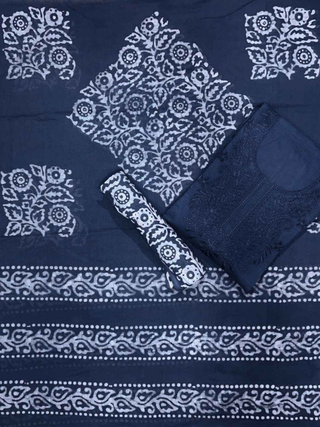 Bombay Batik Pure Cotton Lucknowi Dress Material Batik Handwork – Grey Colour (FD-DM-LK-GY-PHLPTI)
