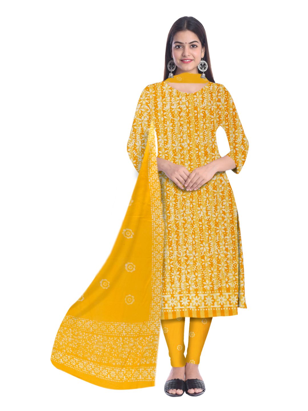 Yellow Hand Block Pure Cotton Dress Material With Dupatta