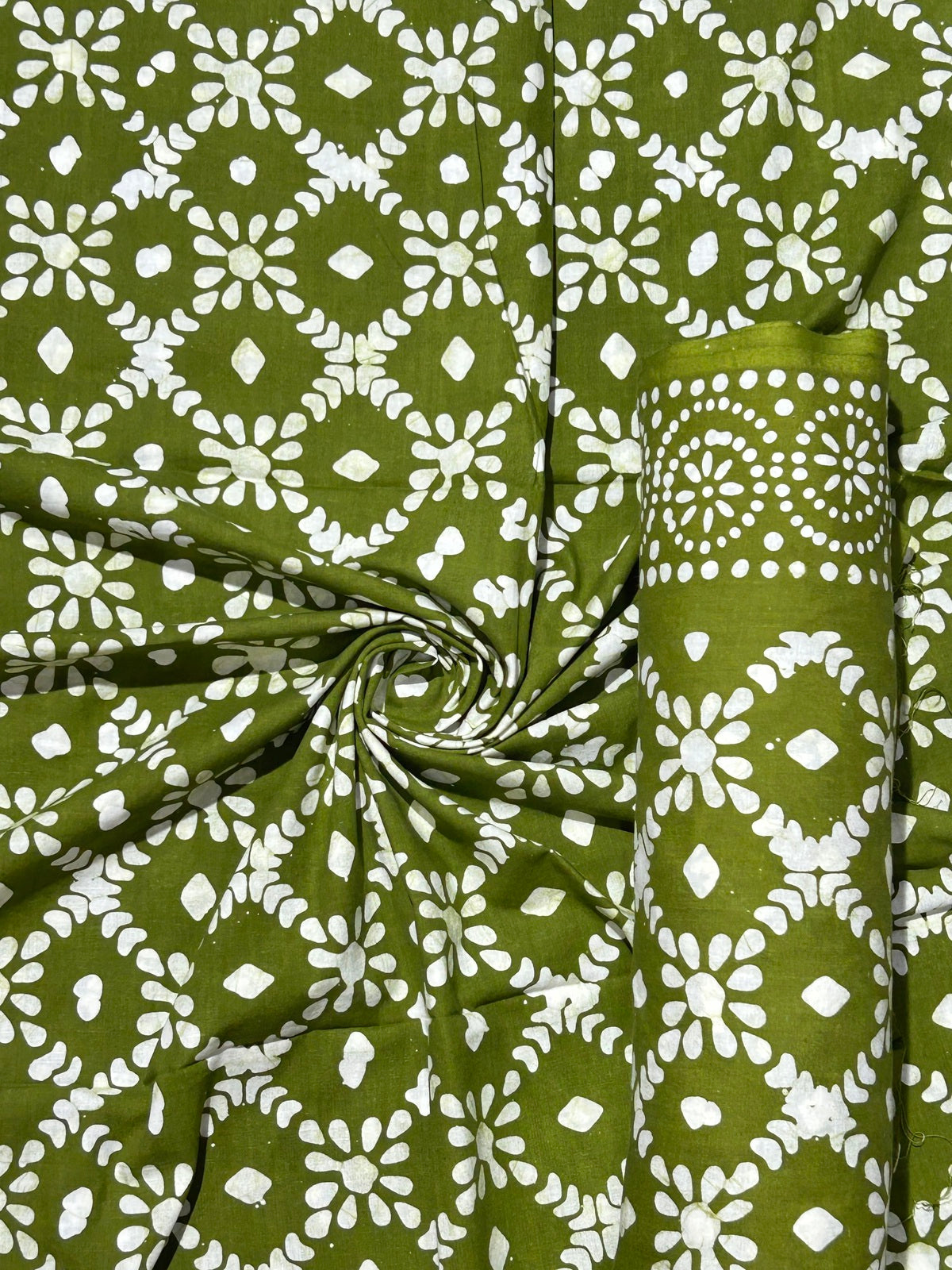 Mehndi Green Hand Batik Print Pure Cotton Fabric – 3 meters (Custom Stitching)
