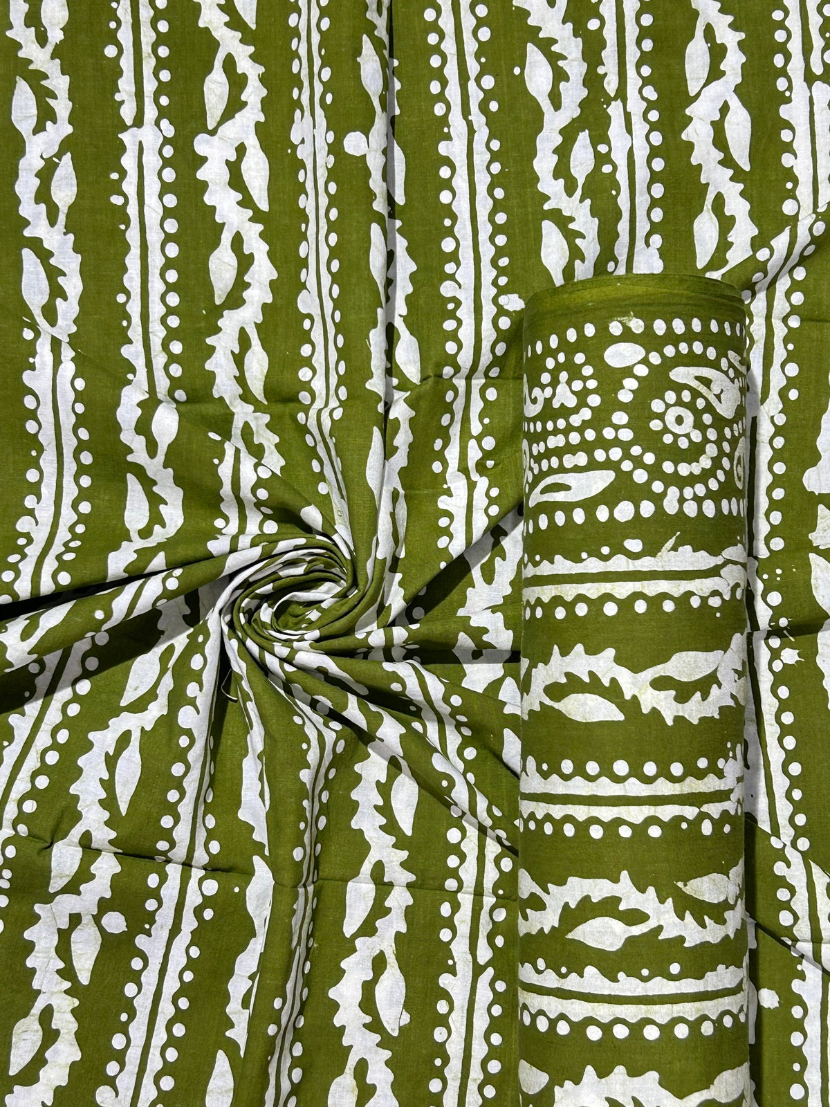 Mehndi Green Hand Batik Print Pure Cotton Fabric – 3 meters (Casual Wear Stitching)