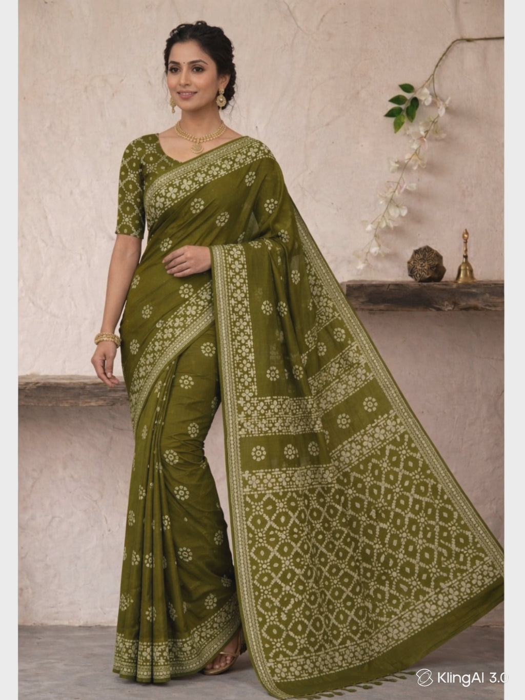 Olive Green Festive Cotton Batik Saree with Blouse Piece