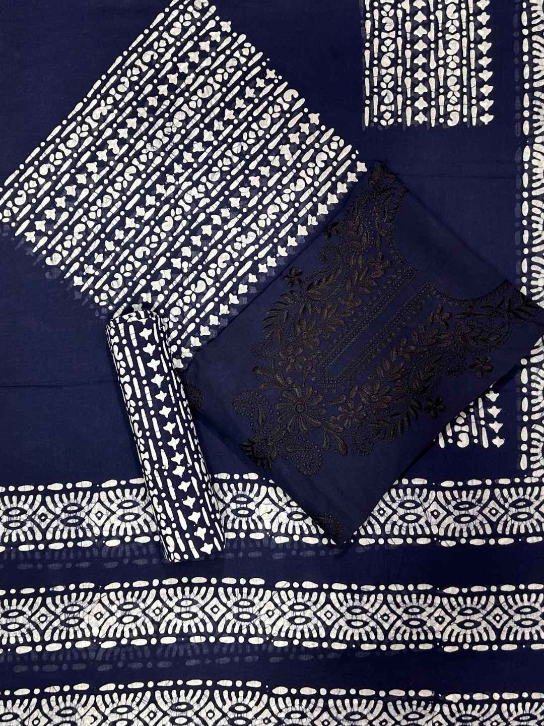 Bombay Batik Pure Cotton Dress Material Batik with Lucknowi-Inspired Embroidery Motifs – Navy Blue Batik