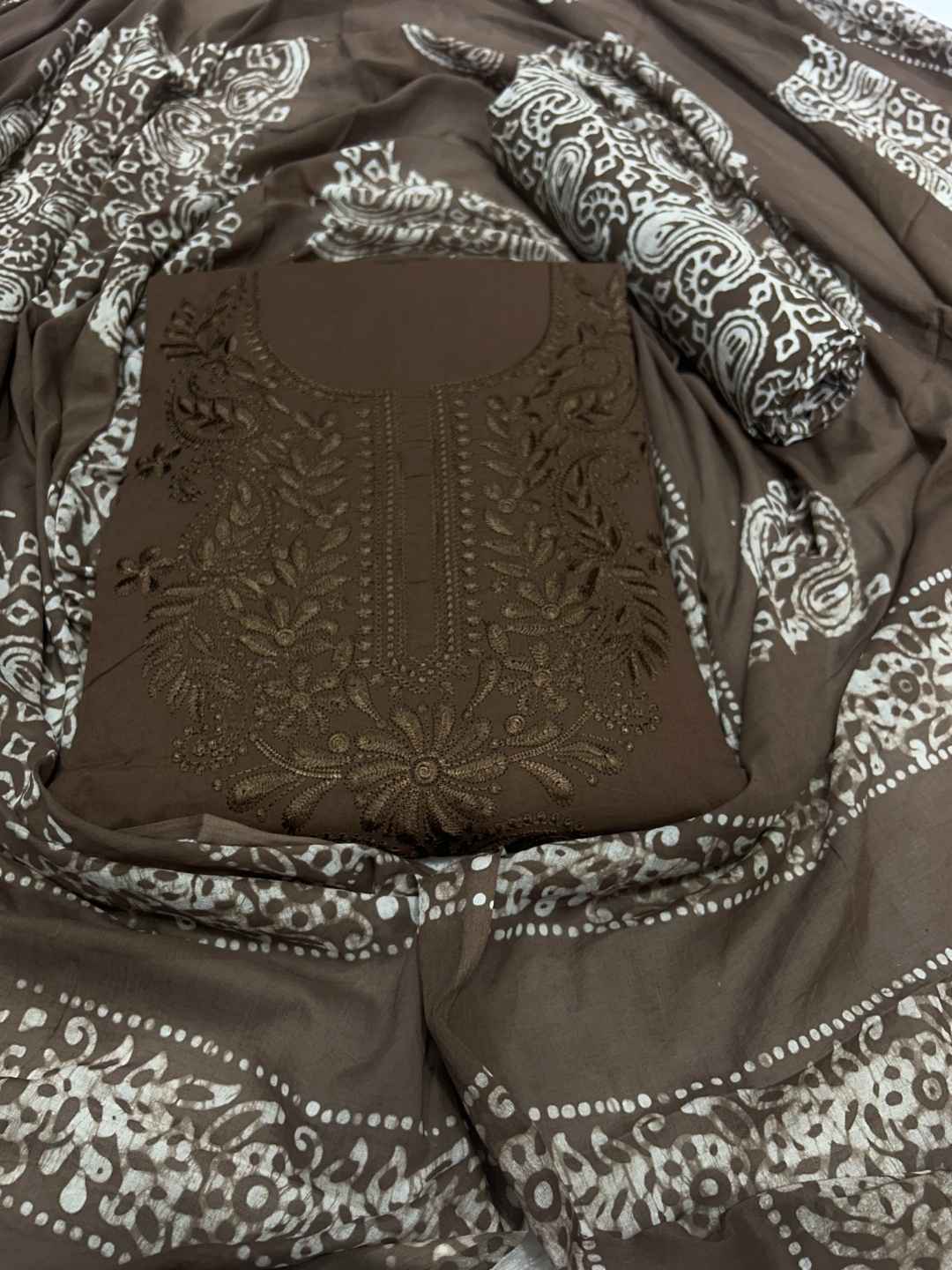 Bombay Batik Pure Cotton Dress Material Handcrafted Fusion of Batik & Lucknowi Art – Lakda Brown Batik