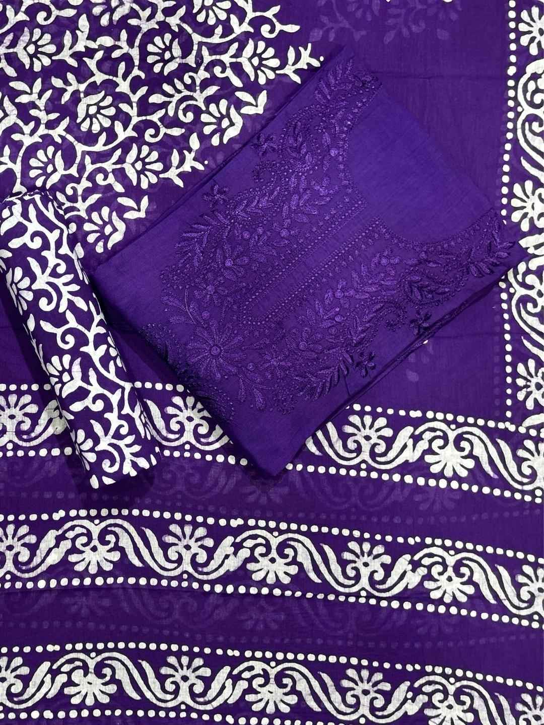 Bombay Batik Pure Cotton Dress Material Artisanal Batik & Lucknowi Detailing – Purple Batik