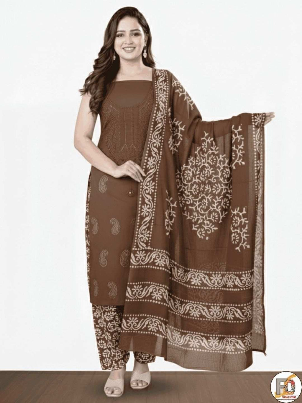 Bombay Batik Pure Cotton Dress Material Lucknowi Pattern Batik Printing – Lakda Brown Batik