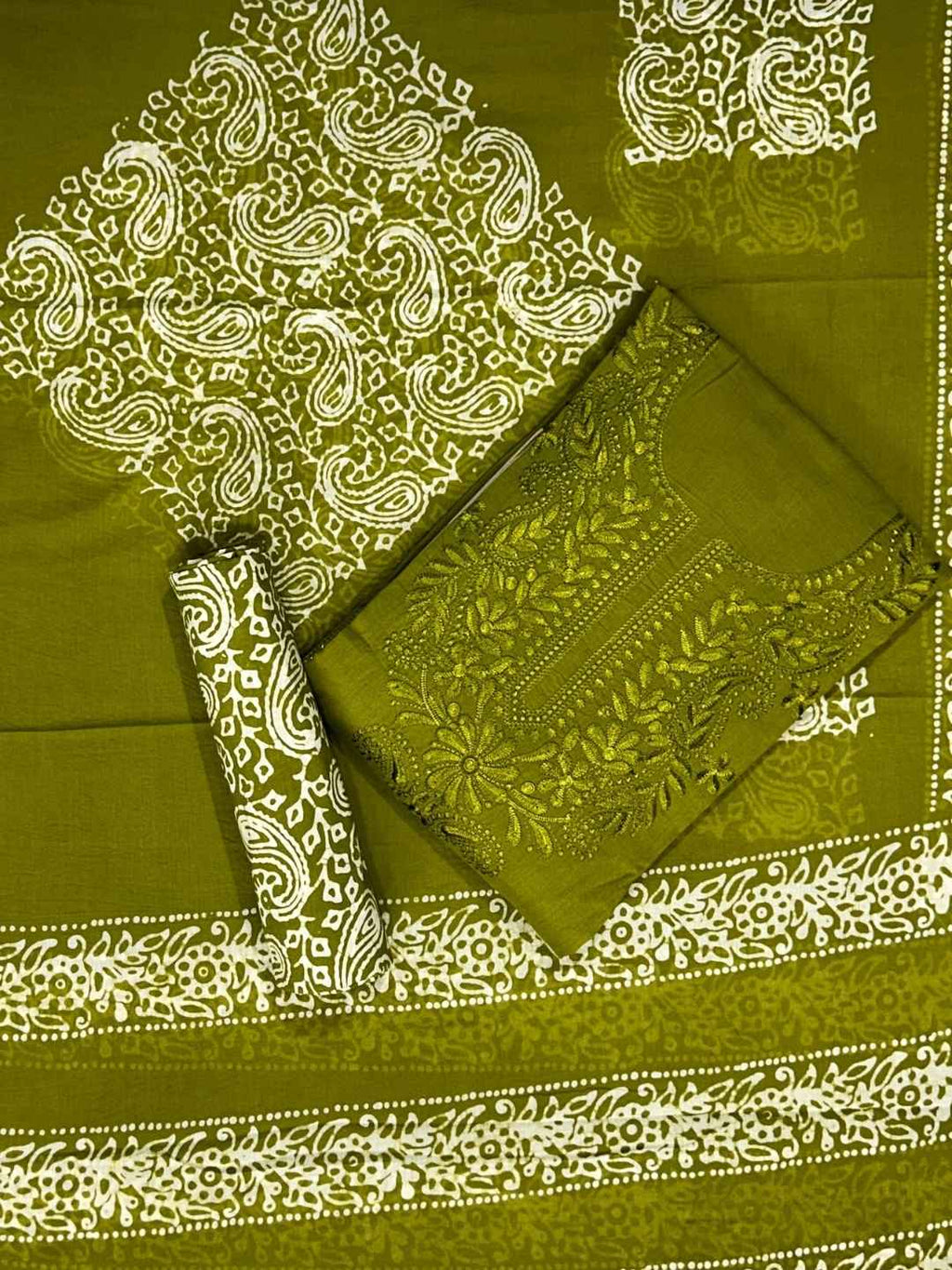 Bombay Batik Pure Cotton Dress Material Intricate Batik with Lucknowi Embroidery Feel – Mehndi Batik