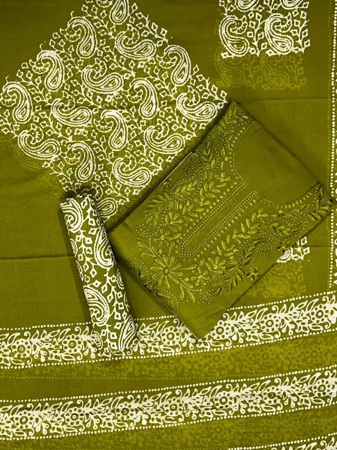 Bombay Batik Pure Cotton Dress Material Intricate Batik with Lucknowi Embroidery Feel – Mehndi Batik