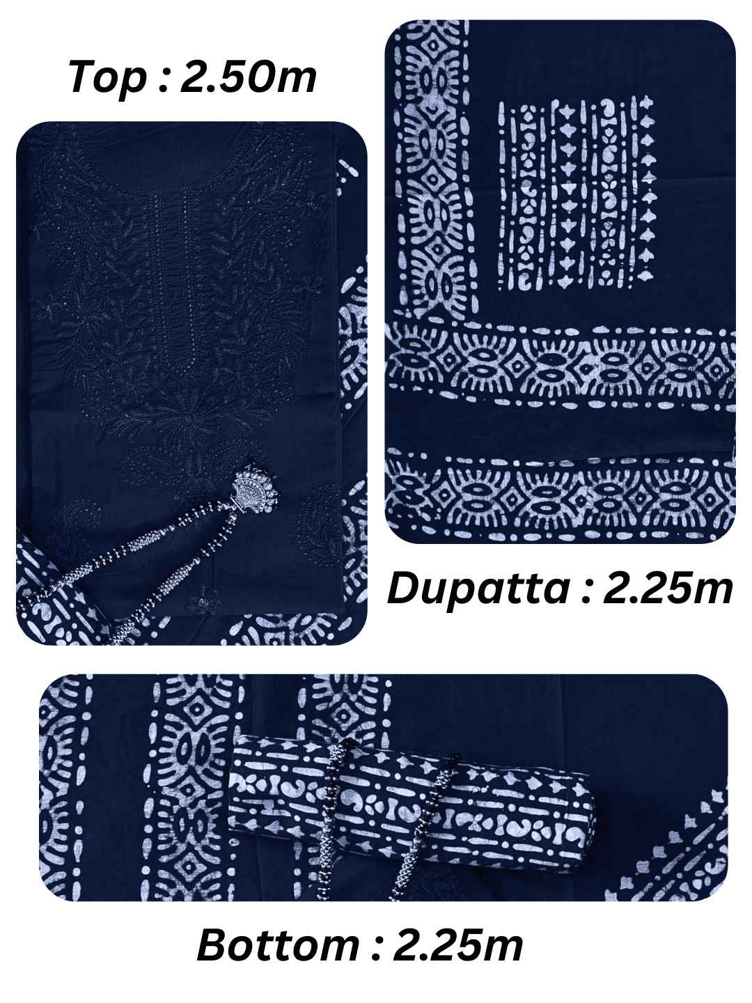 Bombay Batik Pure Cotton Dress Material Batik with Lucknowi-Inspired Embroidery Motifs – Navy Blue Batik