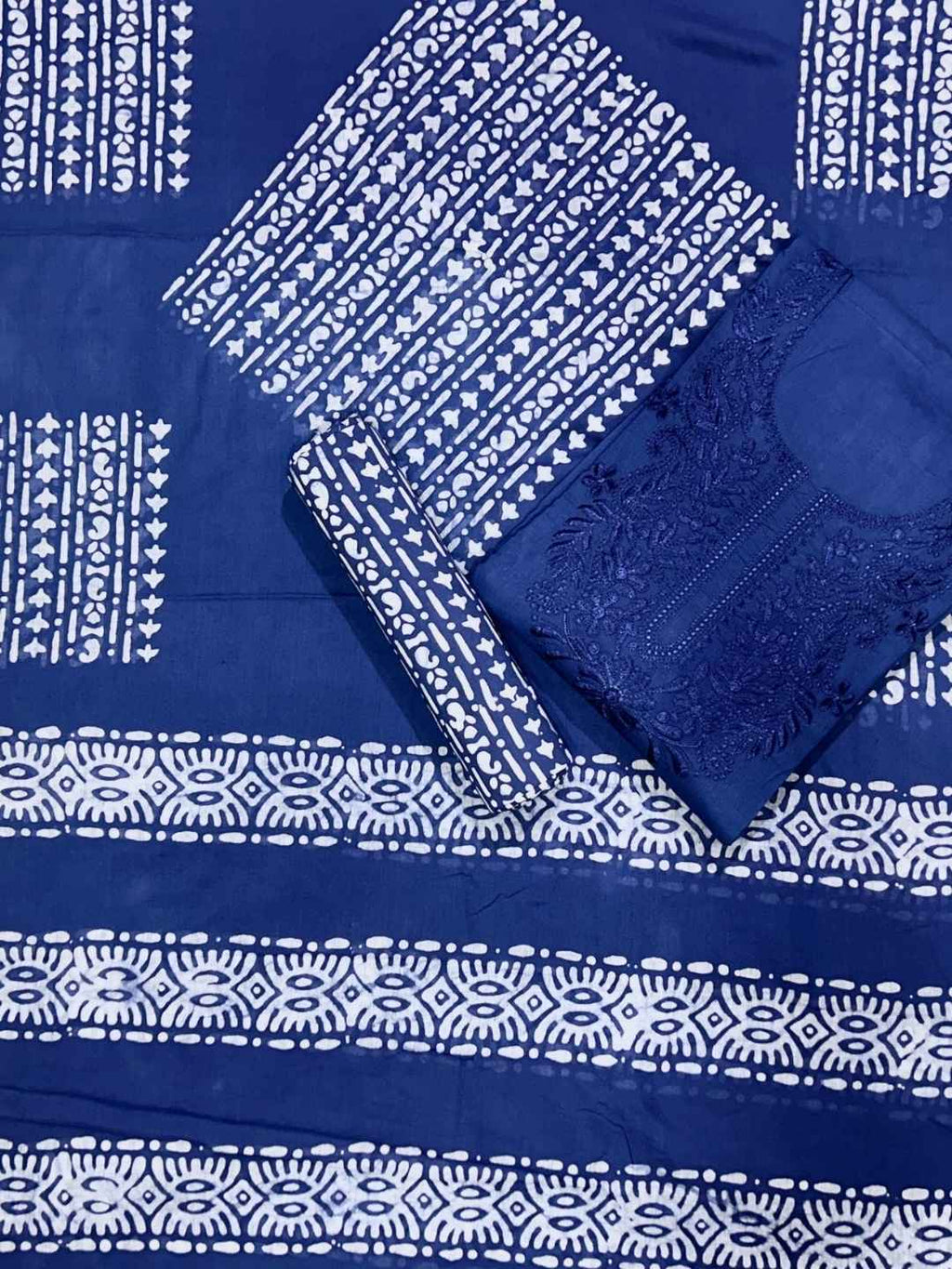 Bombay Batik Pure Cotton Dress Material Hand-Dyed Batik with Lucknowi Motifs – Indigo Batik