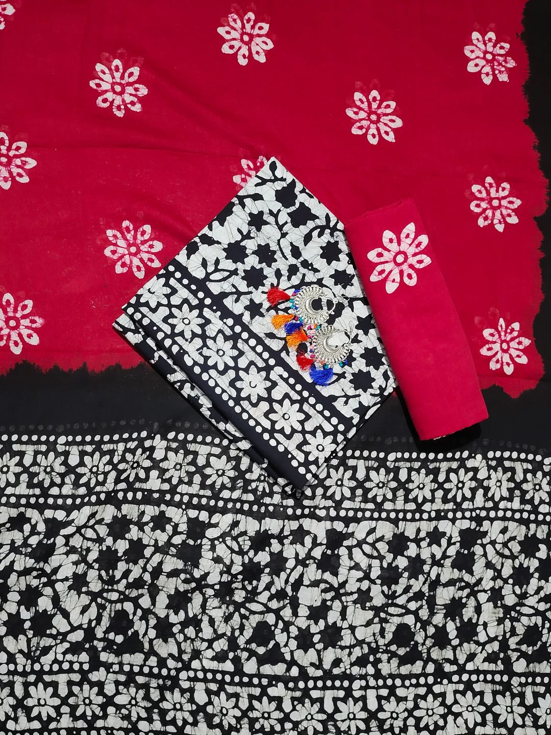 Bombay Batik Pure Cotton Dress Material Manual Wax Dye Process – Black Red Batik