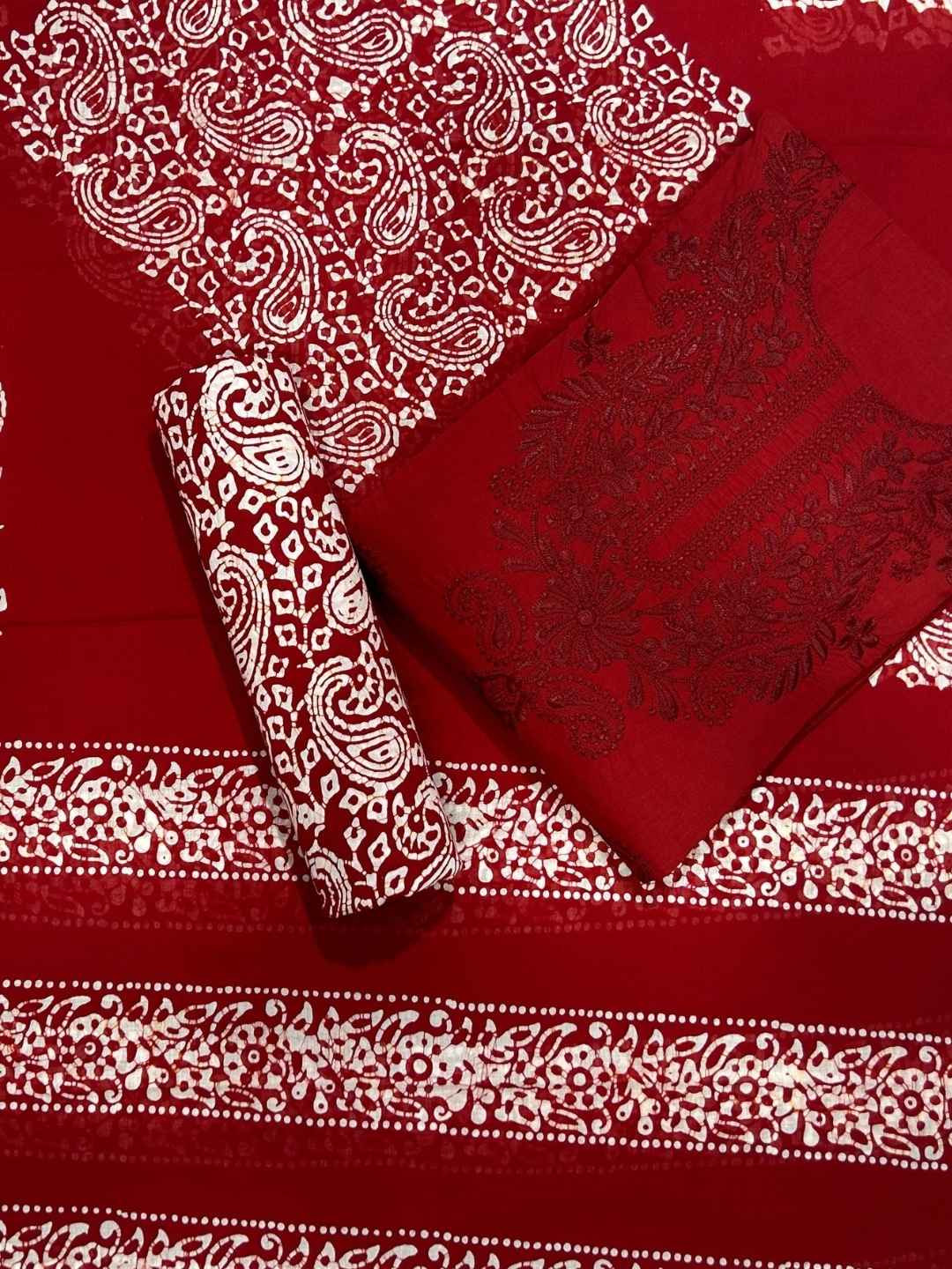 Bombay Batik Pure Cotton Dress Material Ethnic Batik Fabric with Lucknowi Touch – Red   Batik