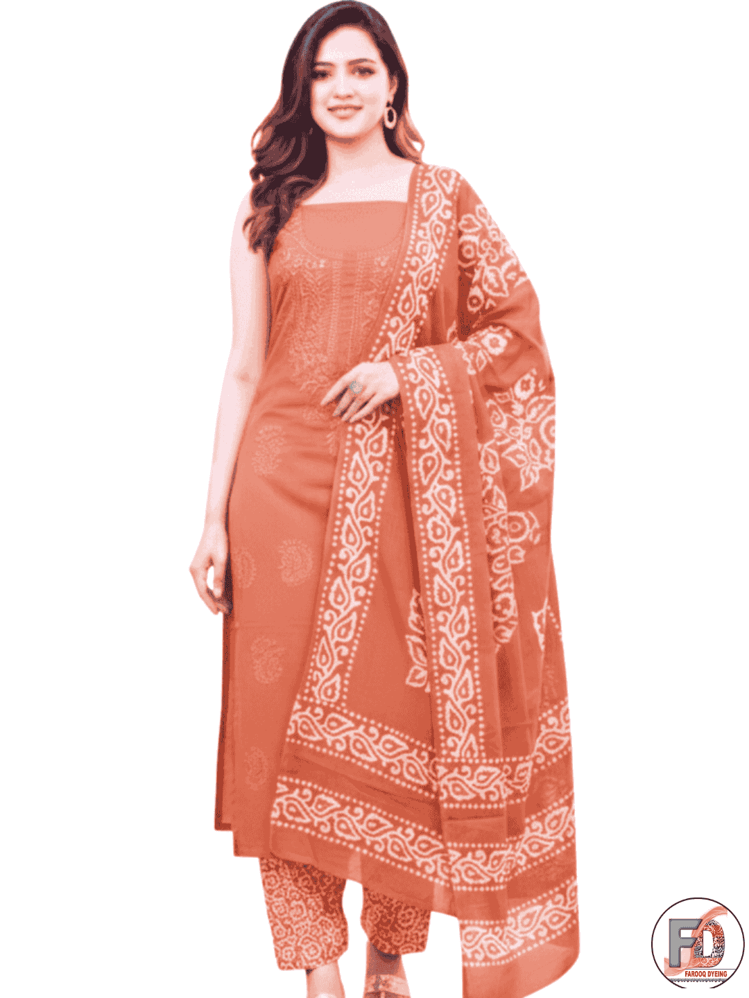Bombay Batik Women's Pure Cotton Hand Dyed Lucknowi Batik Dress Material with Cotton Dupatta (Peach) | Dress Material for Women