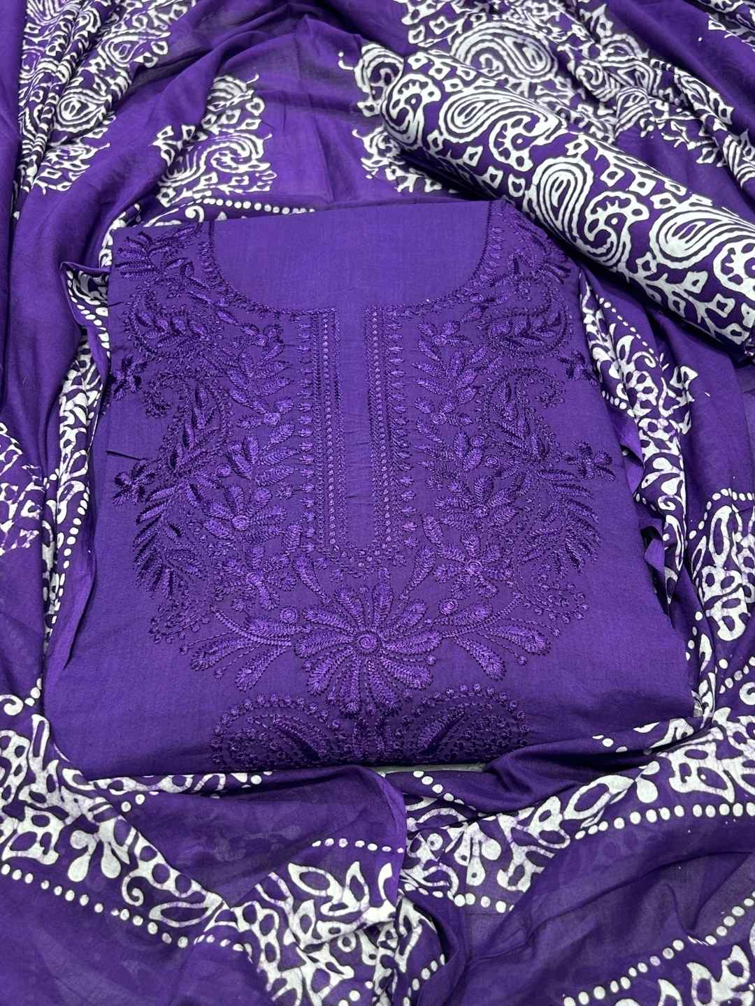 Bombay Batik Women's Pure Cotton Hand Dyed Lucknowi Batik Dress Material with Cotton Dupatta (Purple) | Dress Material for Women
