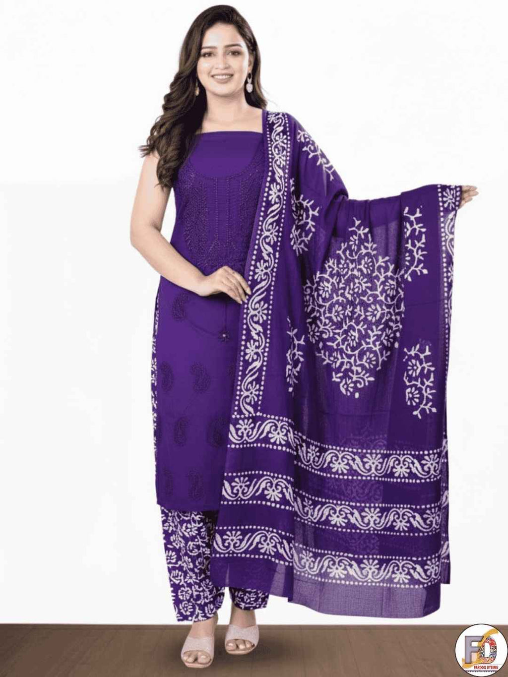 Bombay Batik Pure Cotton Dress Material Artisanal Batik & Lucknowi Detailing – Purple Batik