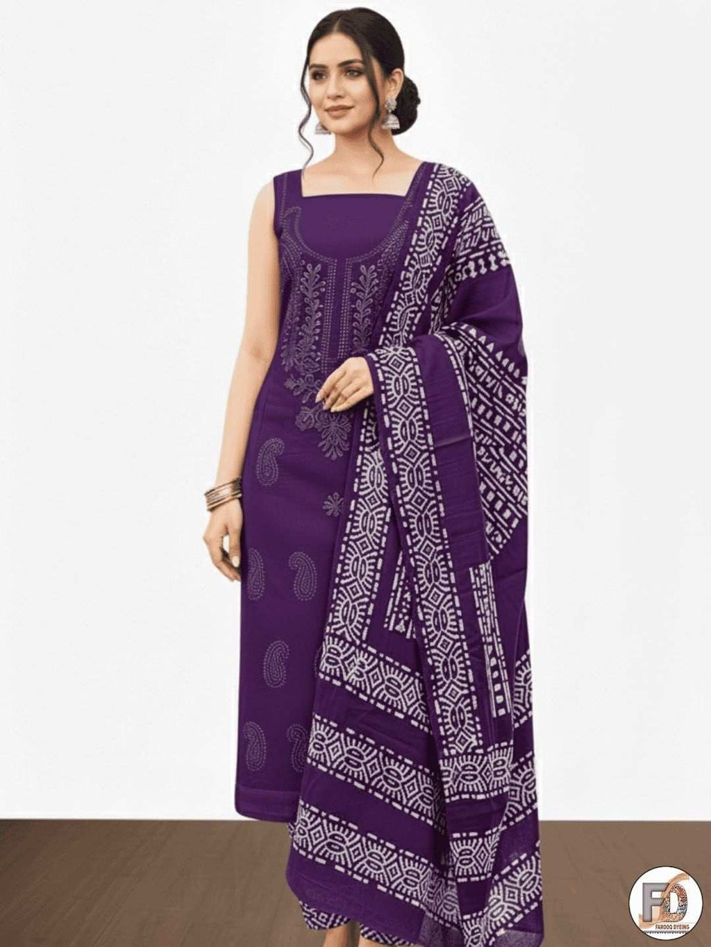 Bombay Batik Pure Cotton Dress Material Lucknowi Pattern Batik Printing – Purple Batik