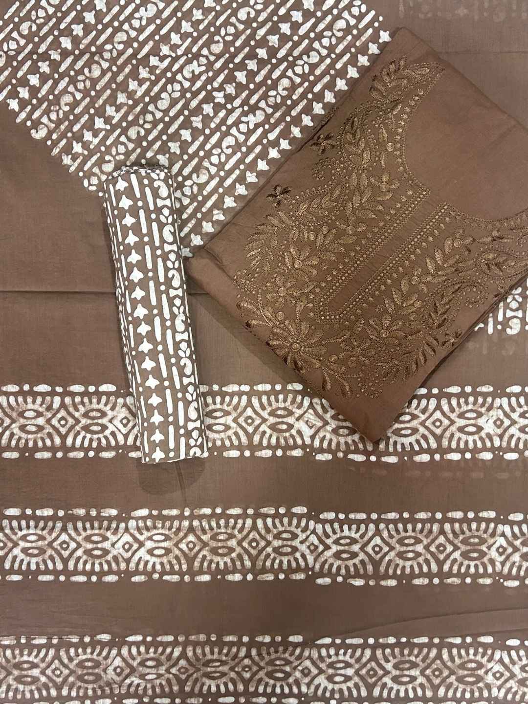 Bombay Batik Pure Cotton Dress Material Handcrafted Batik in Chikankari Style – Lakda Brown Batik