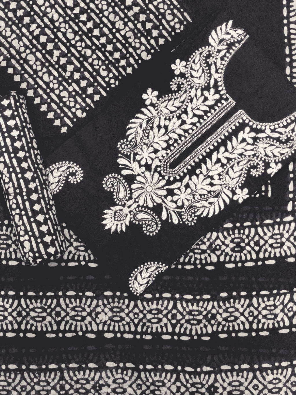 Bombay Batik Pure Cotton Dress Material Artisanal Batik & Lucknowi Detailing – Black Batik