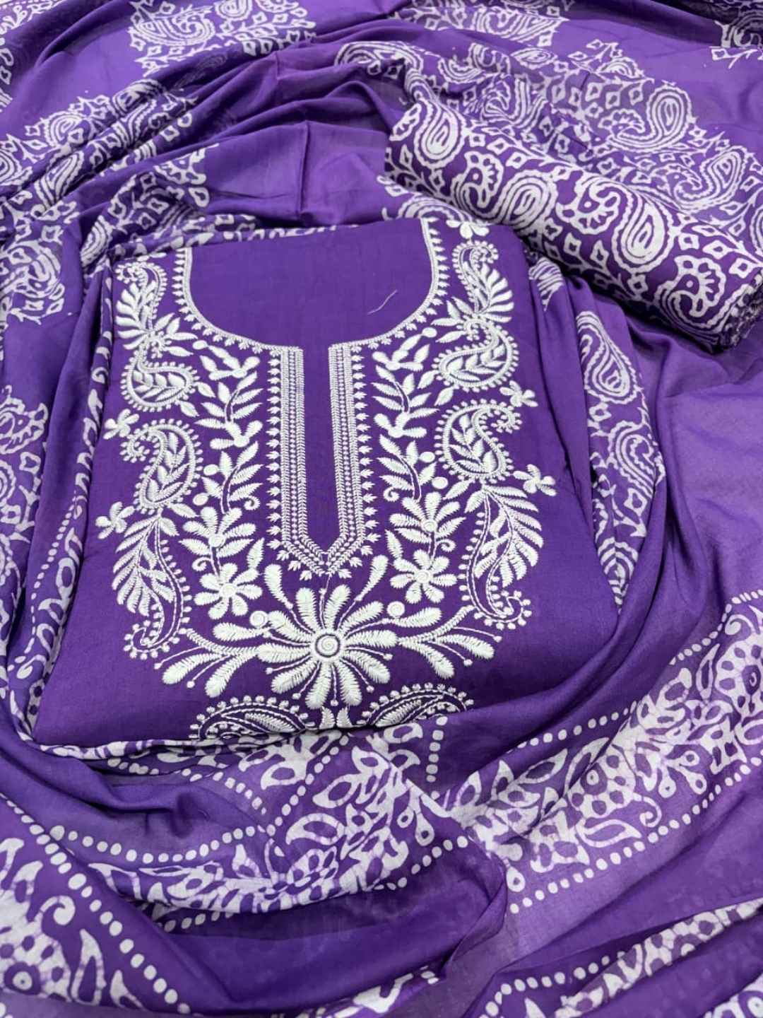 Bombay Batik Women's Pure Cotton Hand Dyed Lucknowi Batik Dress Material with Cotton Dupatta (Lavendar White) | Dress Material for Women