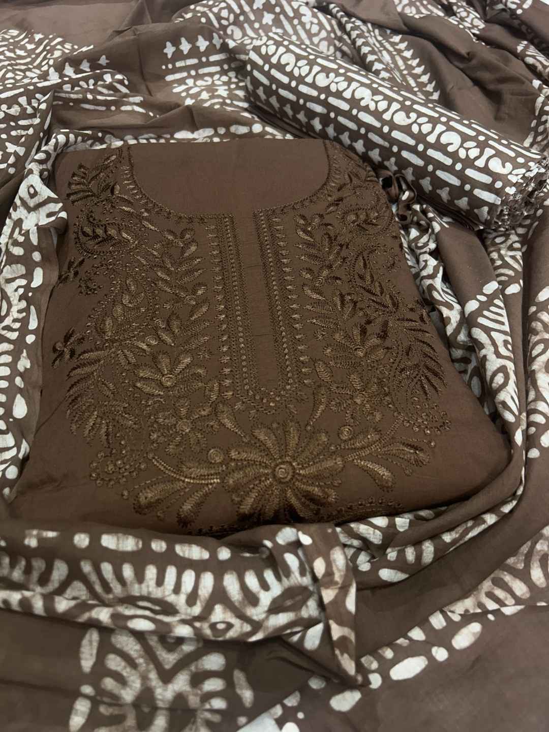 Bombay Batik Pure Cotton Dress Material Handcrafted Batik in Chikankari Style – Lakda Brown Batik