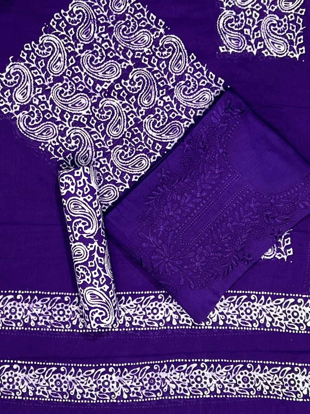 Bombay Batik Pure Cotton Dress Material Batik Textile Art with Lucknowi Motifs – Purple Batik