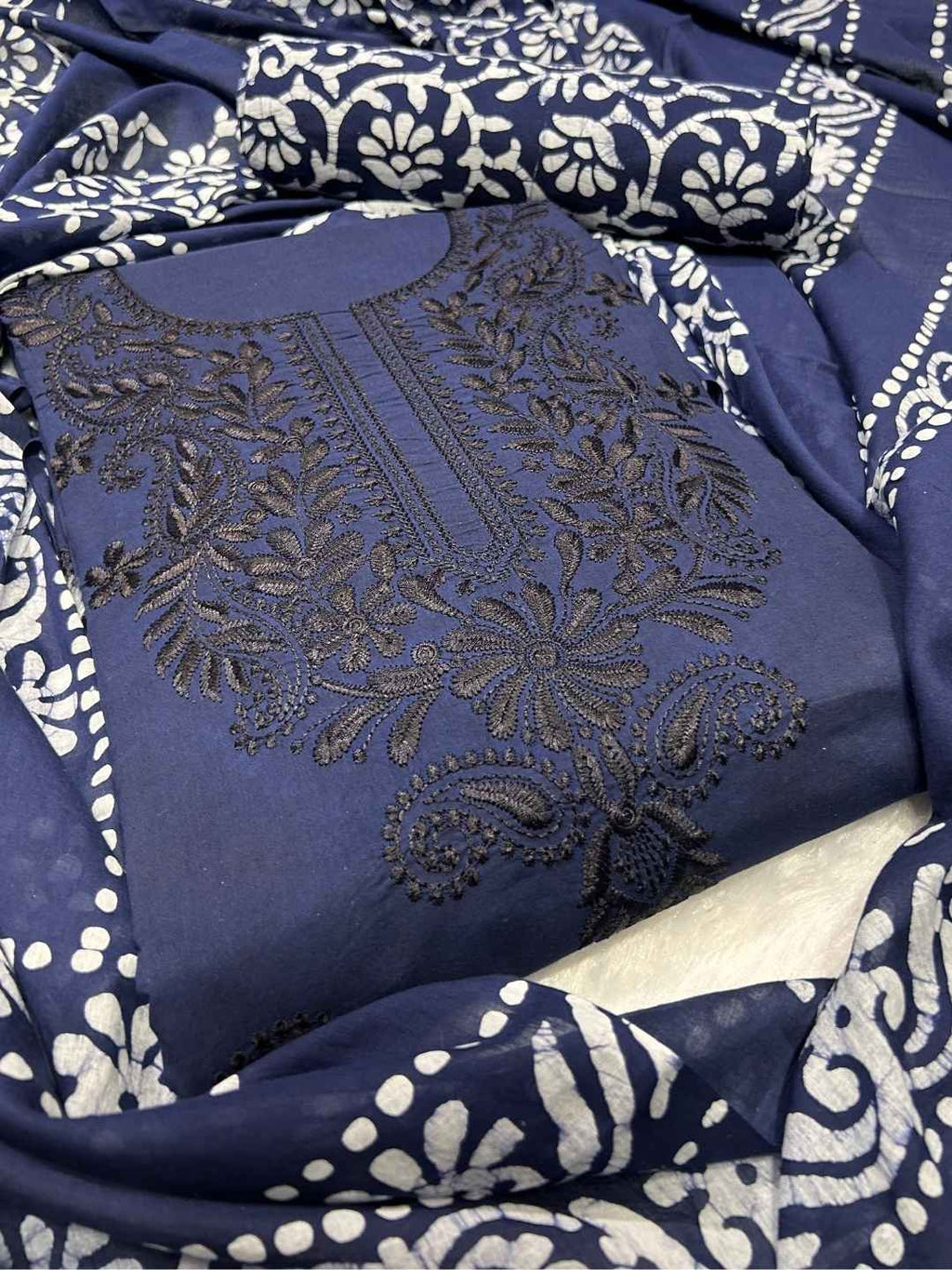 Bombay Batik Pure Cotton Dress Material Batik with Lucknowi-Inspired Embroidery Motifs – Navy Blue Batik