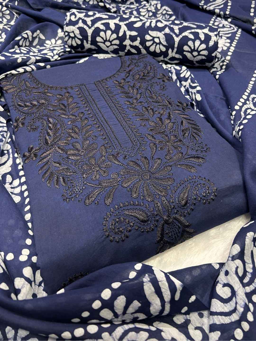 Bombay Batik Pure Cotton Dress Material Batik with Lucknowi-Inspired Embroidery Motifs – Navy Blue Batik