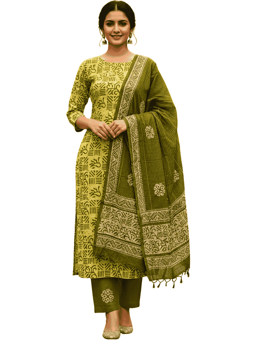 Bombay Batik Pure Cotton Nirali Dress Material Batik Handwork – Mehndi Yellow Colour