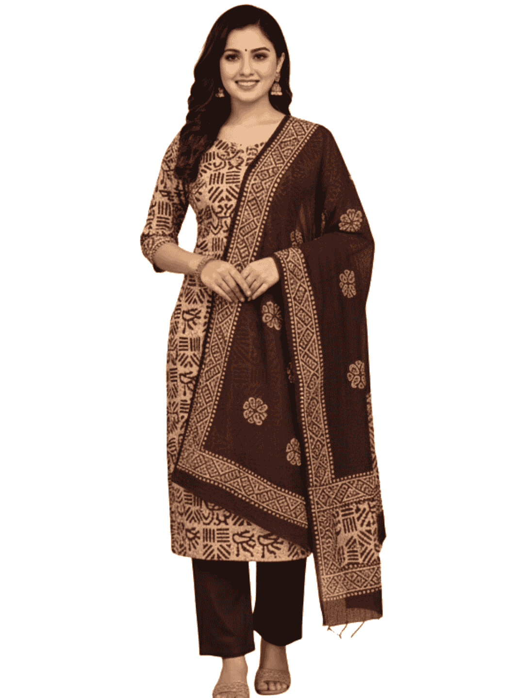 Bombay Batik Pure Cotton Nirali Dress Material Batik Handwork – Coffee Chikoo Colour