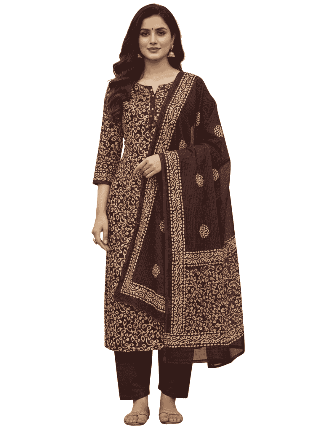 Bombay Batik Pure Cotton Nirali Dress Material Batik Handwork – Coffee Chikoo Colour