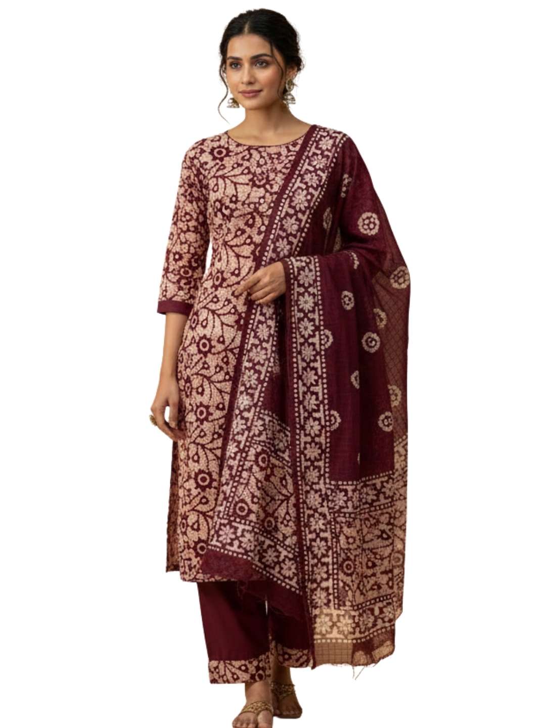 Bombay Batik Pure Cotton Nirali Dress Material Batik Handwork – Maroon Colour