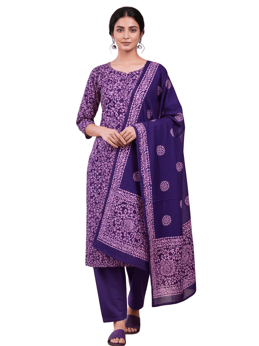 Bombay Batik Pure Cotton Nirali Dress Material Batik Handwork – Purple Light Pink Colour