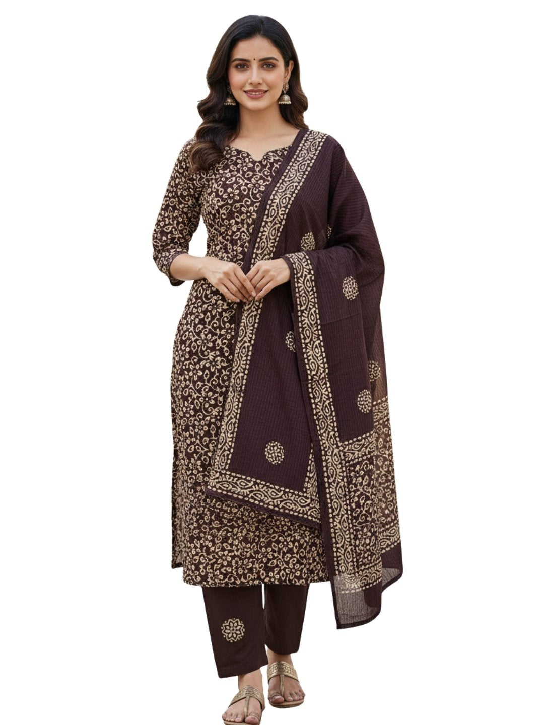 Bombay Batik Pure Cotton Nirali Dress Material Batik Handwork – Coffee Chikoo Colour