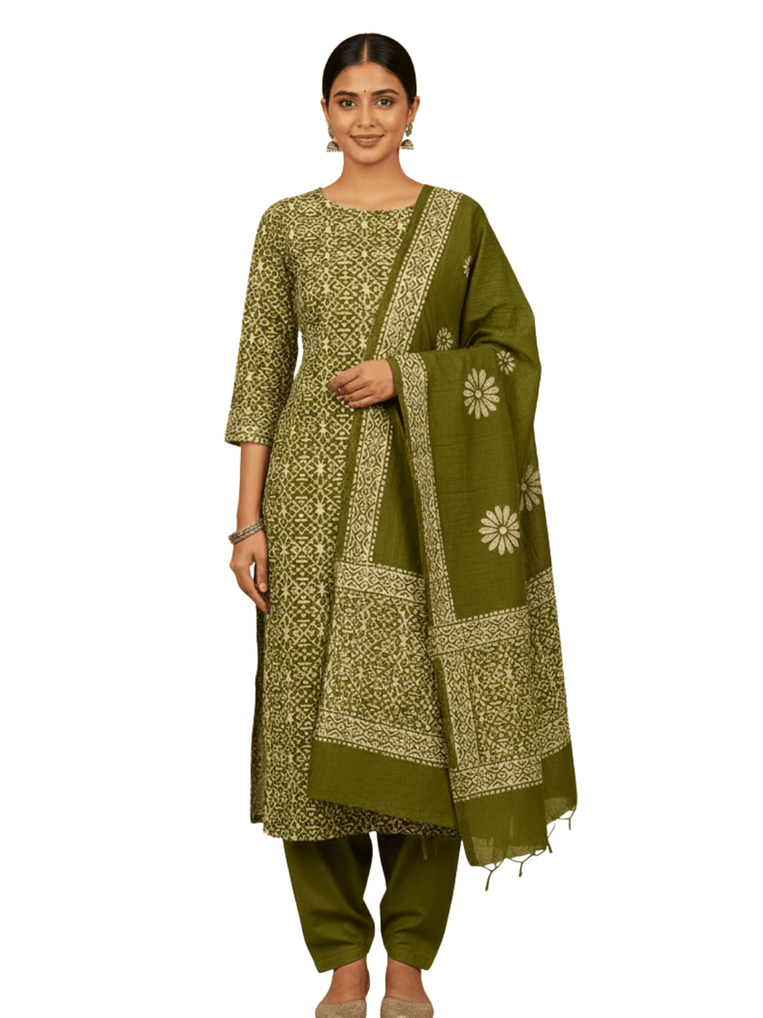 Bombay Batik Pure Cotton Nirali Dress Material Batik Handwork – Mehndi Colour