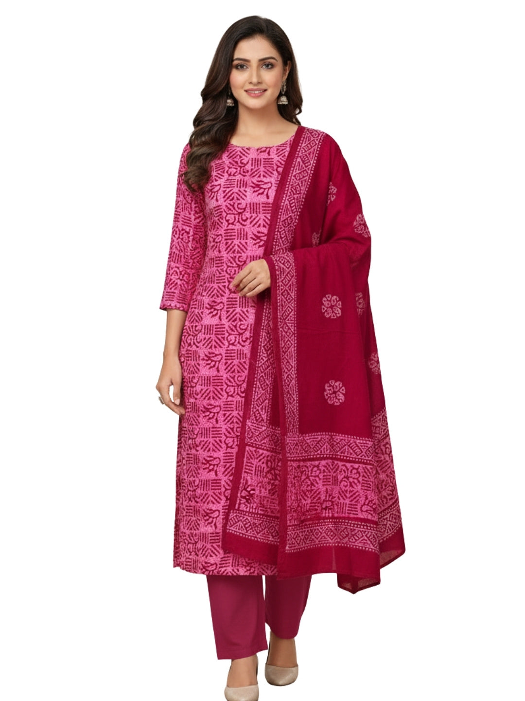 Bombay Batik Pure Cotton Nirali Dress Material Batik Handwork – Pink Light Pink Colour