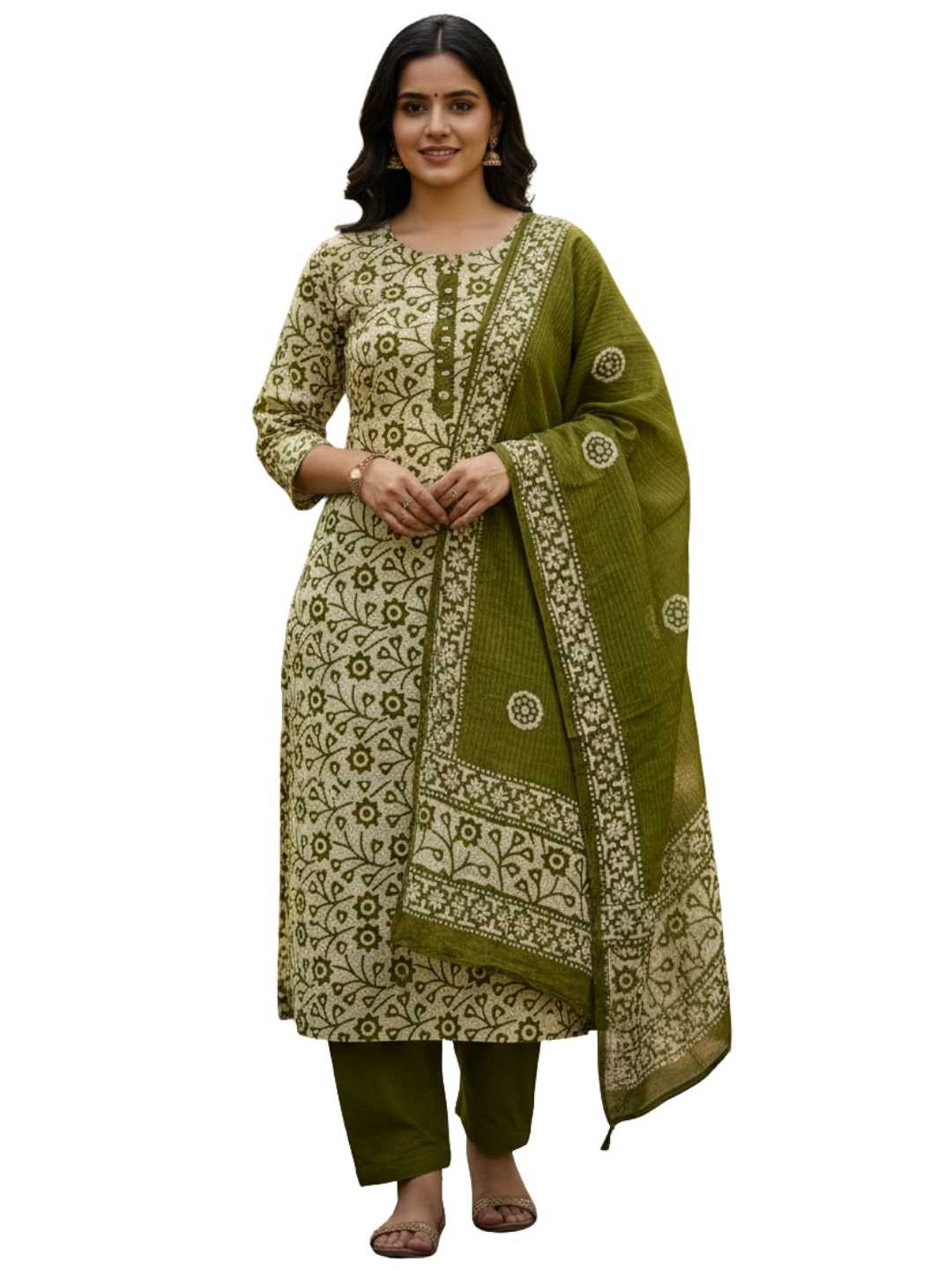 Bombay Batik Pure Cotton Nirali Dress Material Batik Handwork – Mehndi Colour